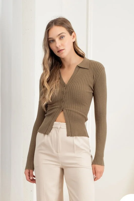 Collared Button Front Long Sleeve Sweater Knit Top