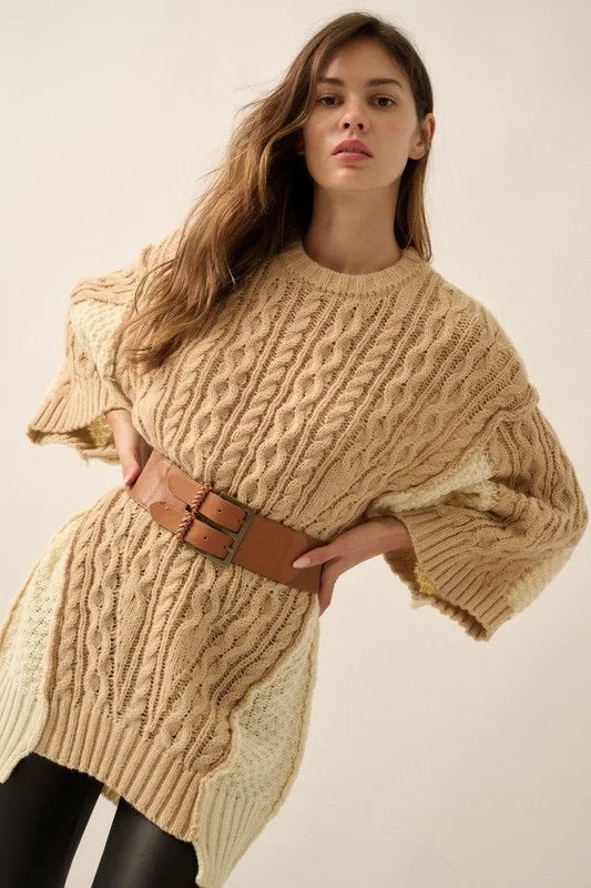 Color Block Round Cable Neck Oversized Sweater