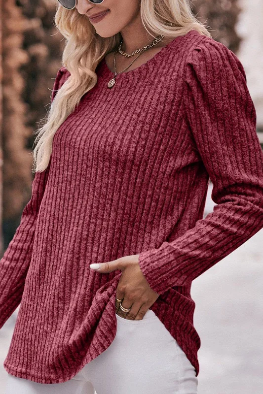 WOMEN CORDUROY ROUND NECK KNIT SWEATER