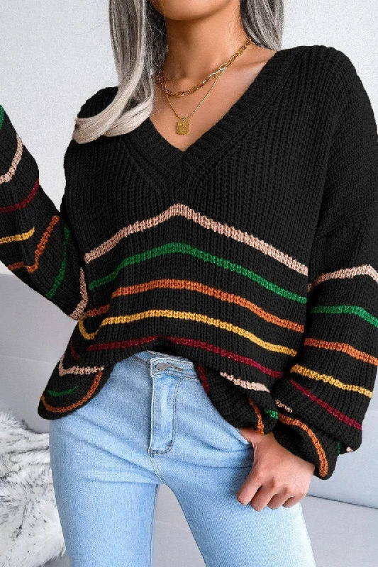 WOMEN STRIPE RIBBED V NECK OVERSIZED KNIT SWEATER