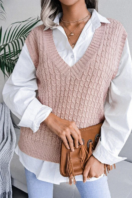 WOMEN V NECK TWIST CASUAL LOOSE KNIT SWEATER VEST