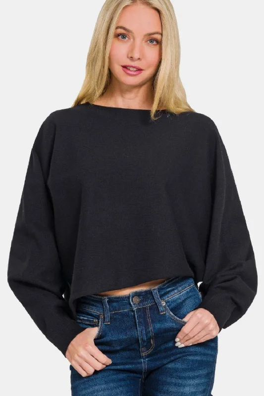 Asymmetric Hem Long Sleeve Sweater - Black