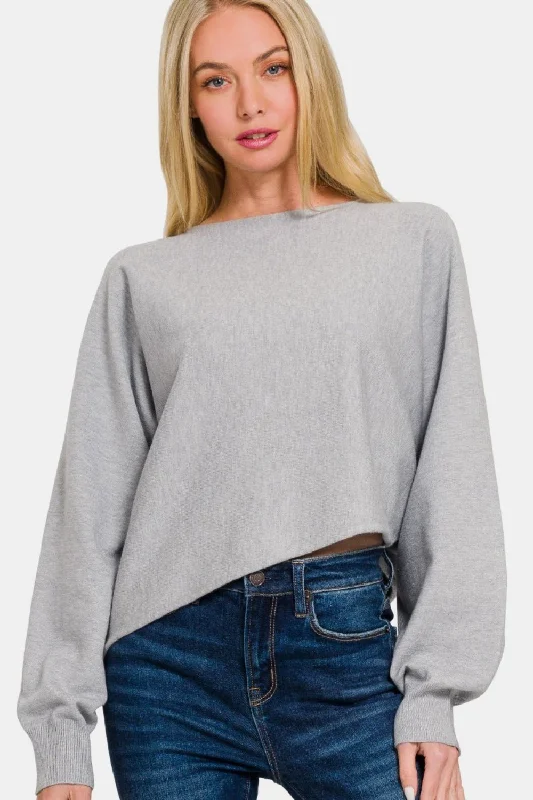 Asymmetric Hem Long Sleeve Sweater - Grey