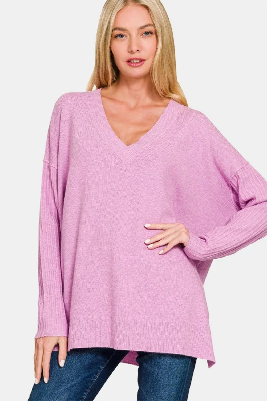 V-Neck Side Slit High-Low Sweater - Mauve