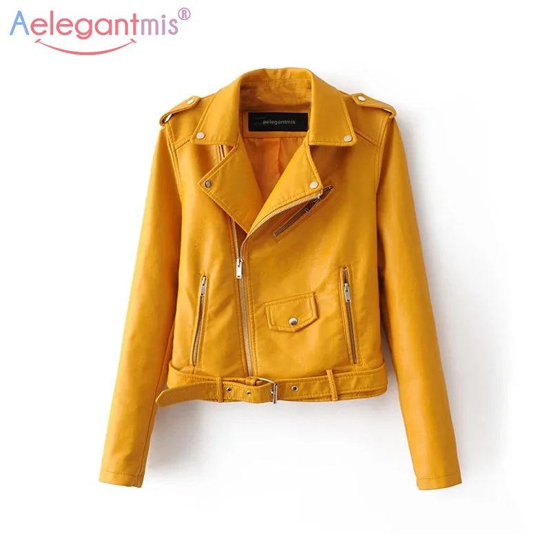 Aelegantmis Autumn New Short Faux Soft Leather Jacket Women Fashion Zipper Motorcycle PU Leather Jacket Ladies Basic Street Coat