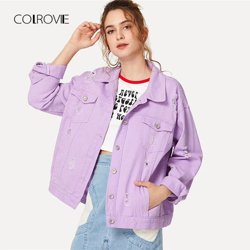 COLROVIE Ripped Drop Shoulder Women Denim Jackets Black White Oversize Purple Casual Female Jacket Coat Chic Jacket for Girls