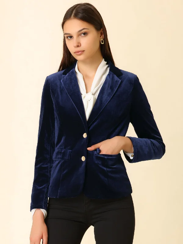 Notched Lapel Vintage Office Button Front Velvet Blazer