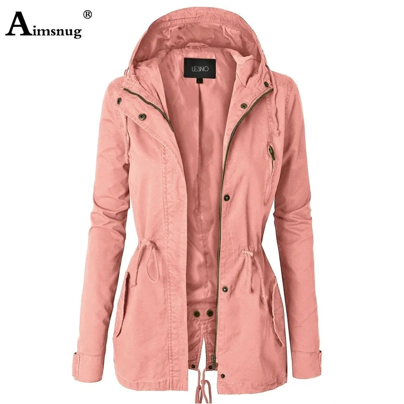 Single-breasted Zipper 2019 Autumn Winter Women's Coat Solid Pink Drawstring Slim Hooded Split Female Windbreaker Long Jacket