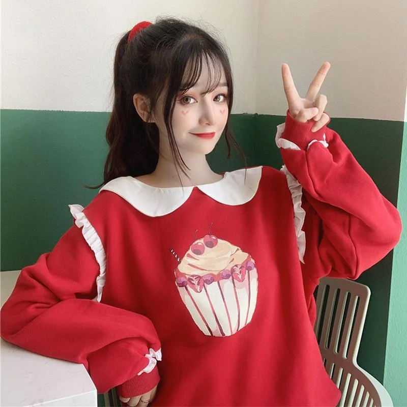 Cake Printed Ruffles Puff Sleeved Sweatshirt