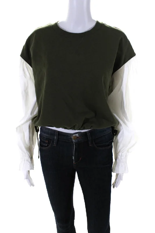 Cinq à Sept Womens Olive Green Cotton Long Sleeve Sweatshirt Blouse Top