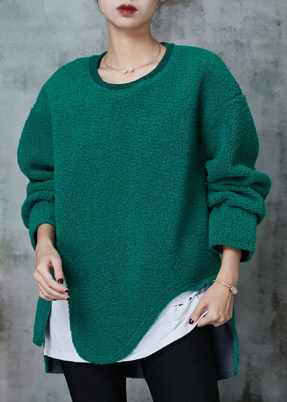 Fine Green Asymmetrical Patchwork Faux Fur Loose Sweatshirt Spring