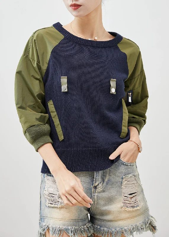 French Navy Zip Up Patchwork Knit Sweatshirts Top Spring