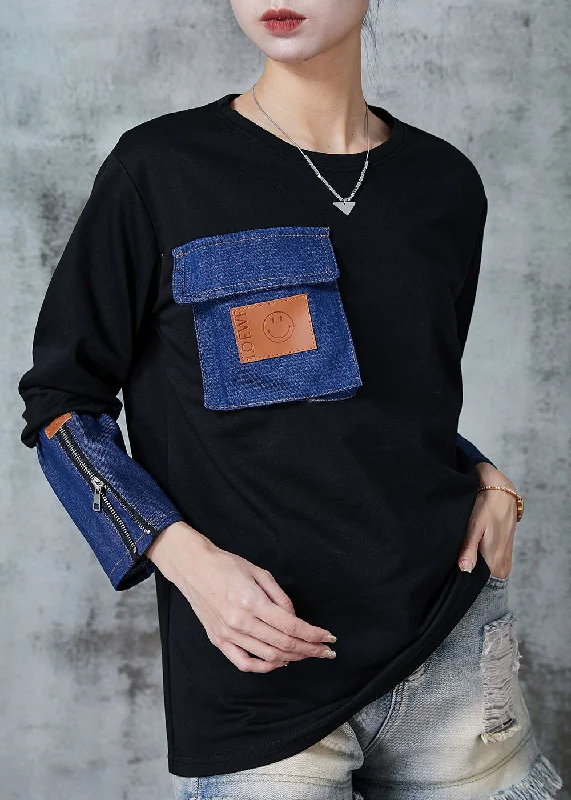 Handmade Black Zip Up Patchwork Denim Cotton Sweatshirts Top Spring