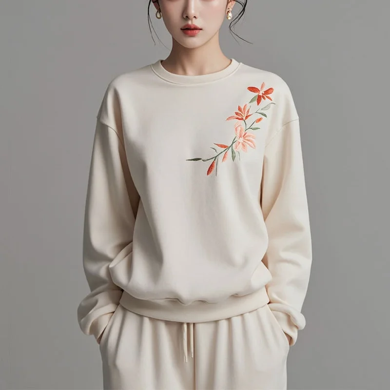 Loose Beige O Neck Print Cotton Sweatshirts Fall