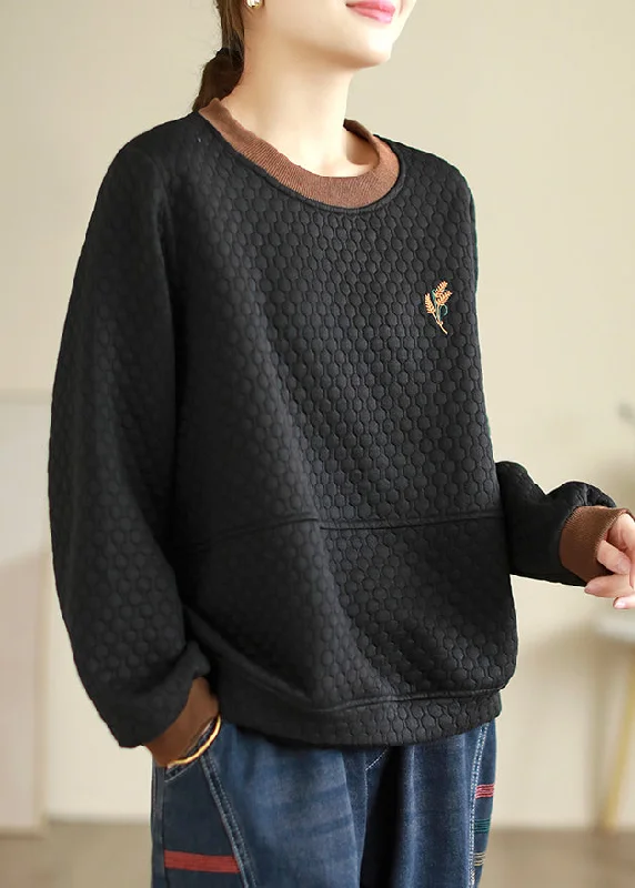 Loose Black Embroideried Thick Cotton Sweatshirt Embroiderie Fall