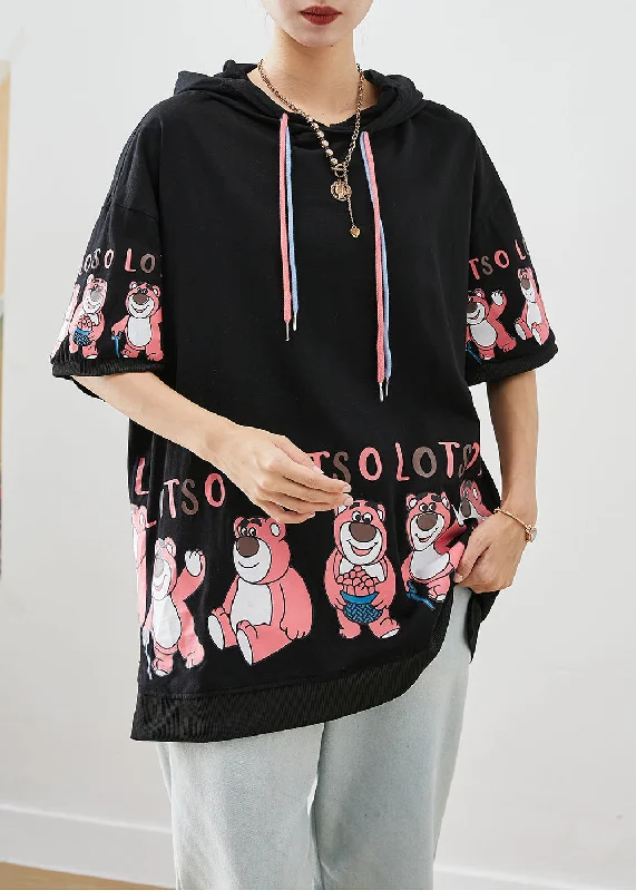 Loose Black Hooded Bears Print Cotton Sweatshirts Tops Fall