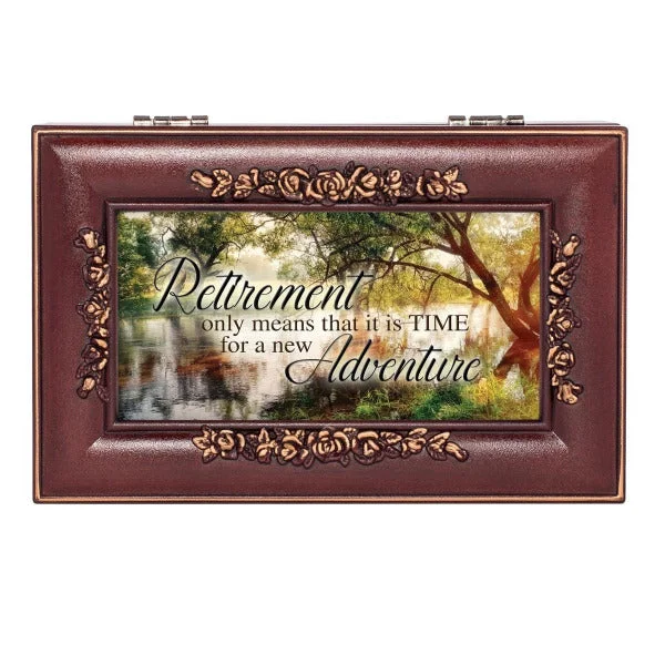 Retirement Wood Pond Scene Woodgrain Embossed Jewelry Music Box