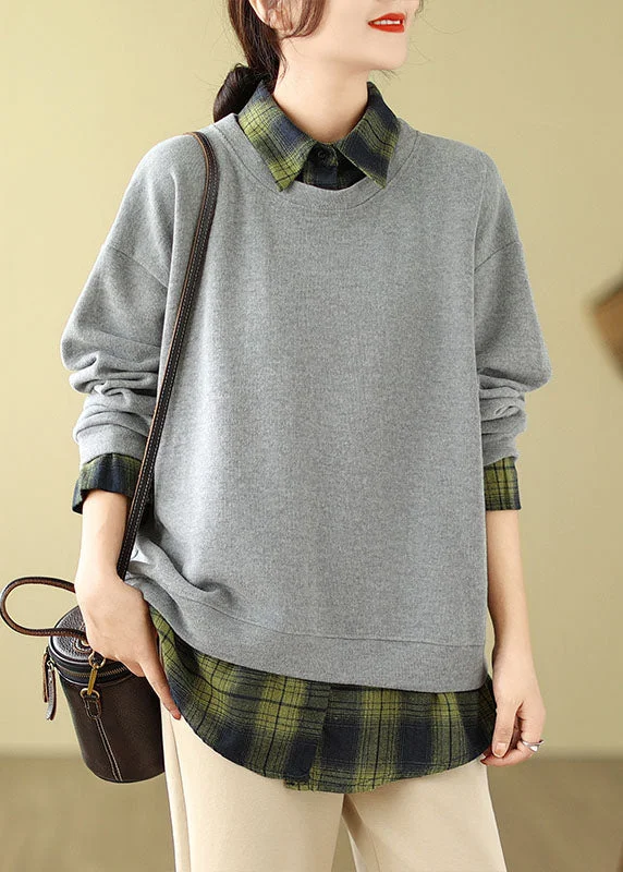 Stylish Grey Peter Pan Collar Patchwork Fake Two Pieces Sweatshirt Fall