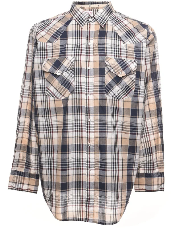 Long-Sleeved Beige & Navy Checked Shirt - L