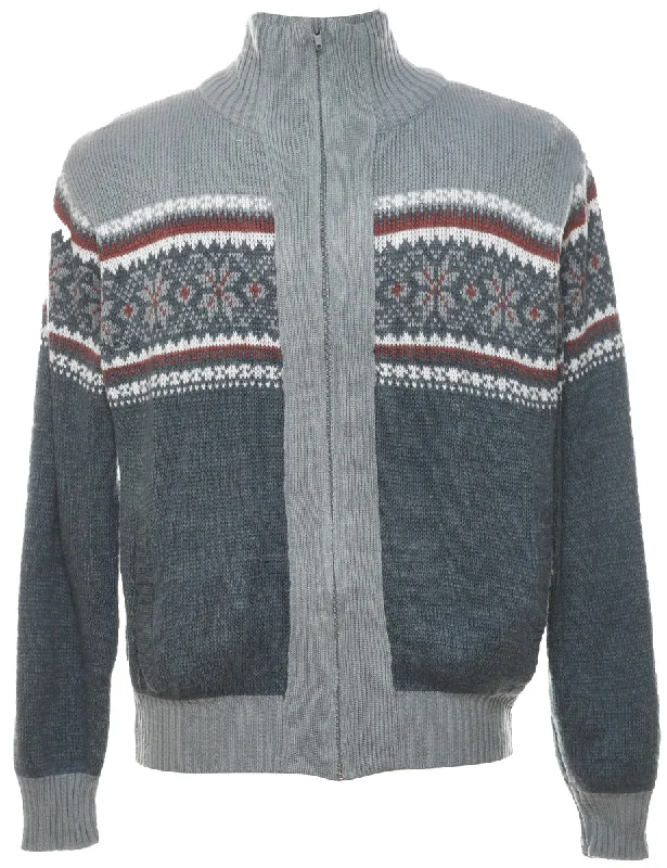 Nordic Grey Zip-Front Cardigan - M