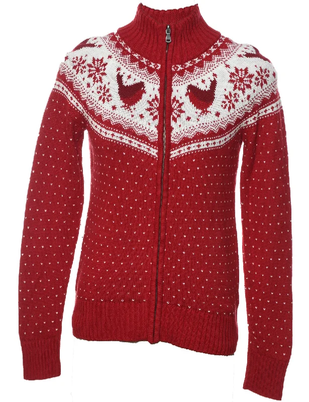 Nordic Red & White Zip-Front Christmas Cardigan - XS