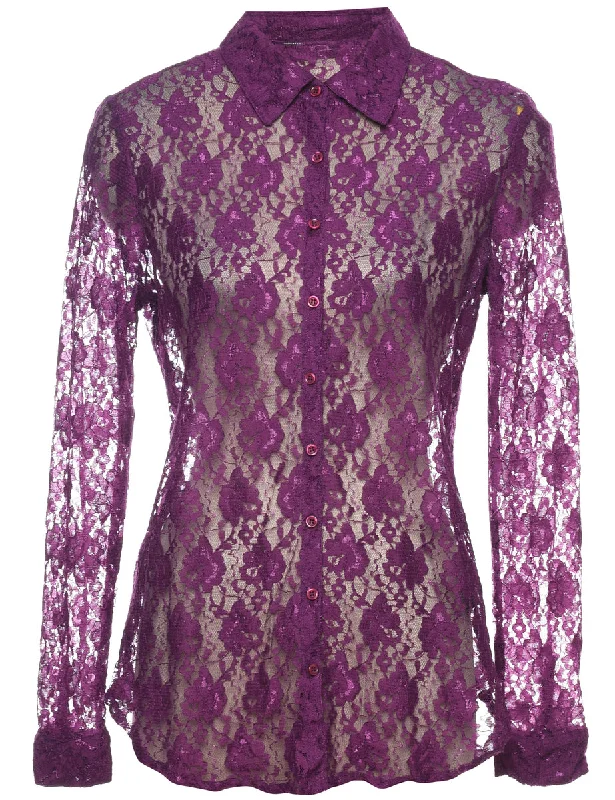 Purple Sheer Floral Lace 1990s Evening Blouse - M