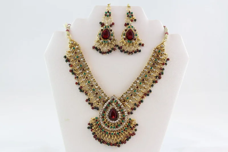 Dazzling Gold and Maroon Bridal Kundan Necklace Set with Earrings