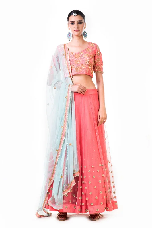 Embroidered Peach Net Lehenga Set With Blue Dupatta