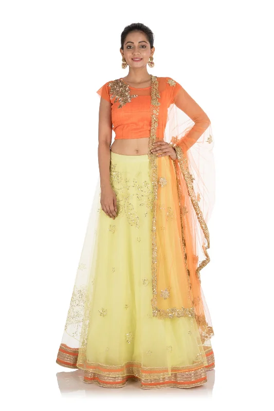 Hand Embroidered Bright Yellow And Orange Net Lehenga Set