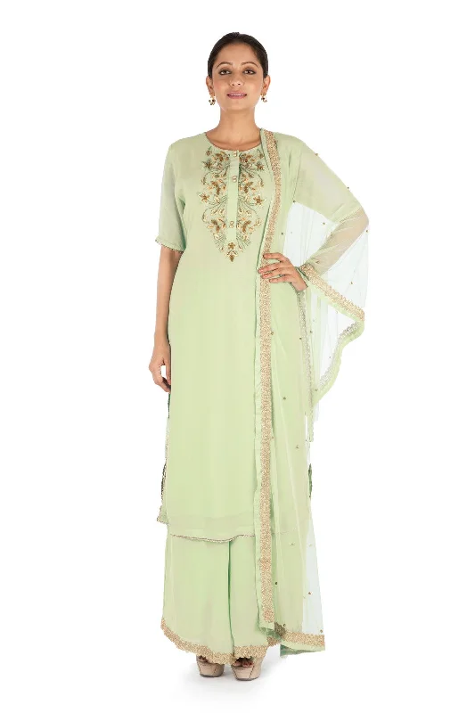 Hand Embroidered Pistachio Green Pallazo Set