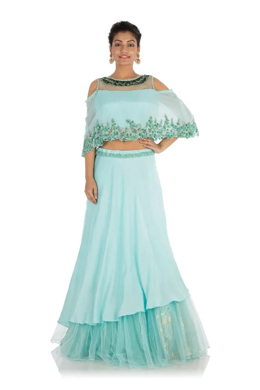 Hand Embroidered Sea Blue Lehenga Set