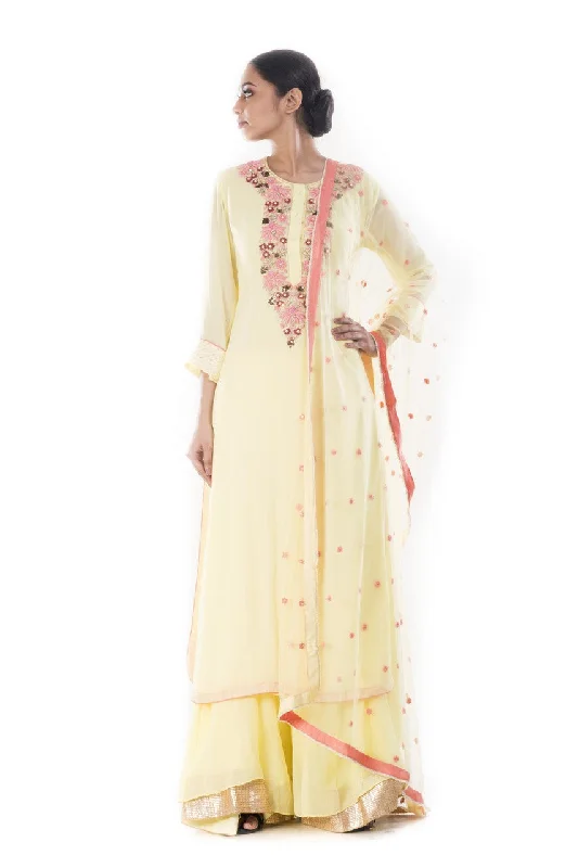 Hand Embroidered Yellow Sharara Set