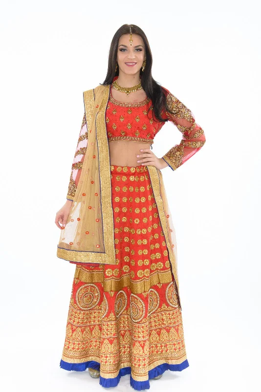 Regal Scarlet and Gold Long Sleeve Lehenga Set