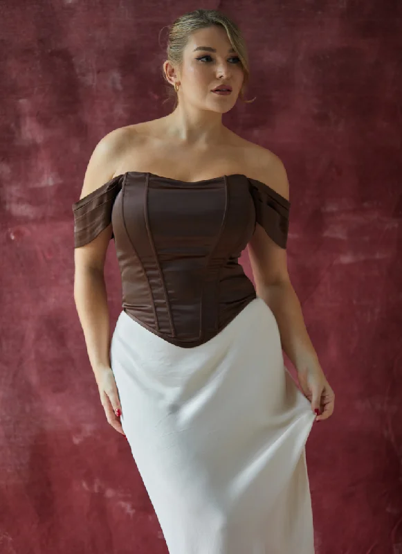 'Regina' Deep Chocolate Fuller Bust Off Shoulder Corset Top