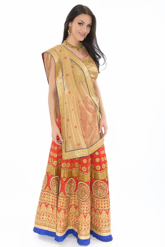 Scarlet and Gold Sleeveless Lehenga Set