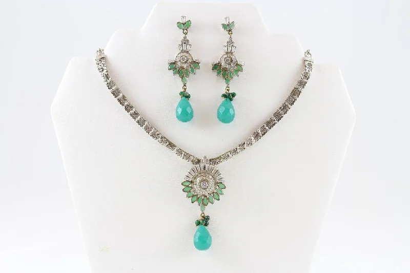 Sparkling Silver and Turquoise Necklace Set with Earrings