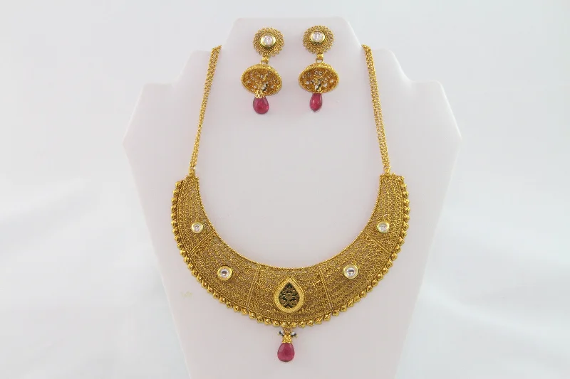 Stunning Gold & Pink Beads Necklace Set with Earrings and Tika