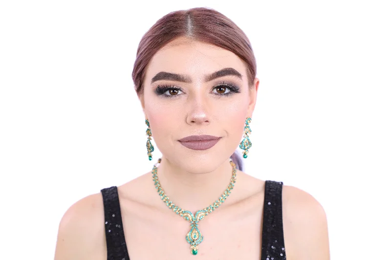 Terrifically Turquoise Gold Necklace Set with Earrings - 1158