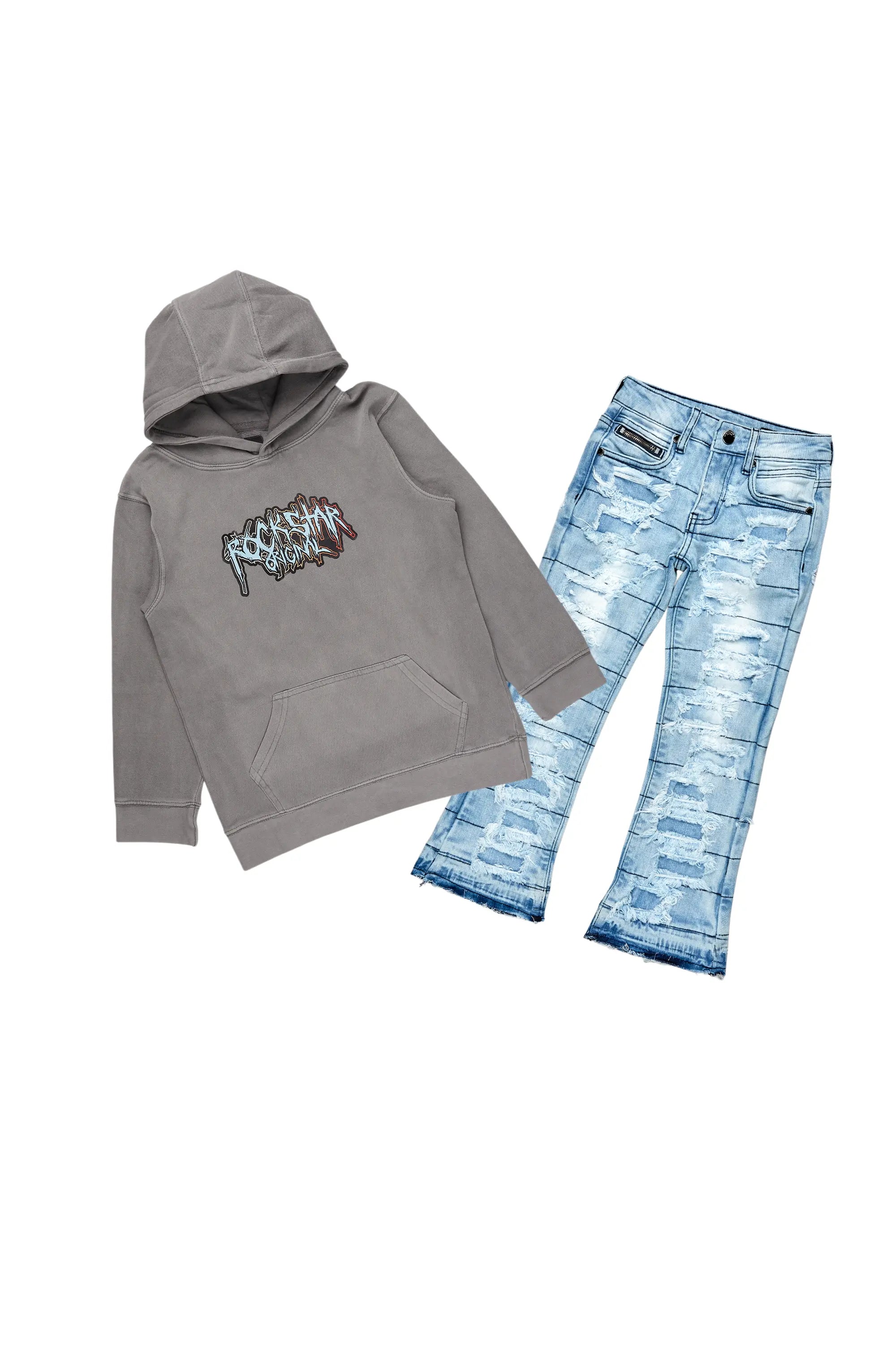 Boys Chad Vintage Grey Hoodie/Stack Flare Jean Set