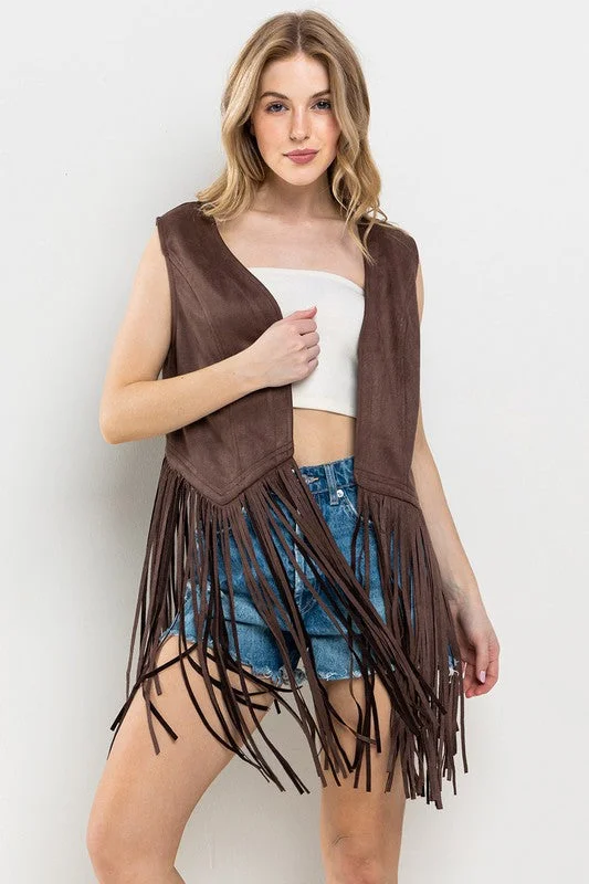 BROWN WESTERN FRINGE SUEDE LEATHER VEST JACKET CFJIC80275