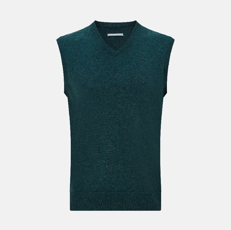 Forest Green Melange V-neck Cashmere Vest