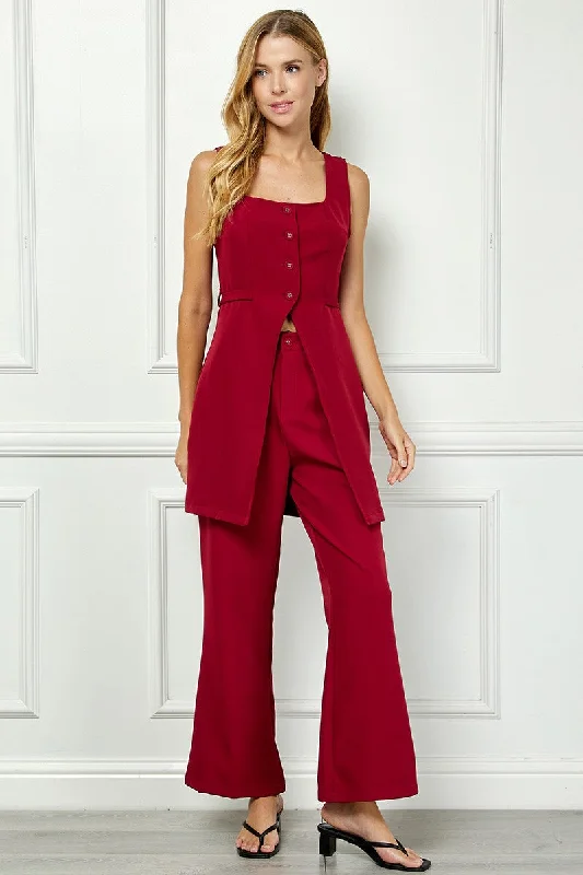 WINE SLEEVELESS SPLIT FRONT VEST AND MID-RISE PANTS SET AVV51141W