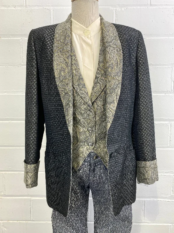 Vintage 1980s/ 90s Grey & Gold Metallic Paisley Vest & Tuxedo Jacket Set, Harriet Selling, Small