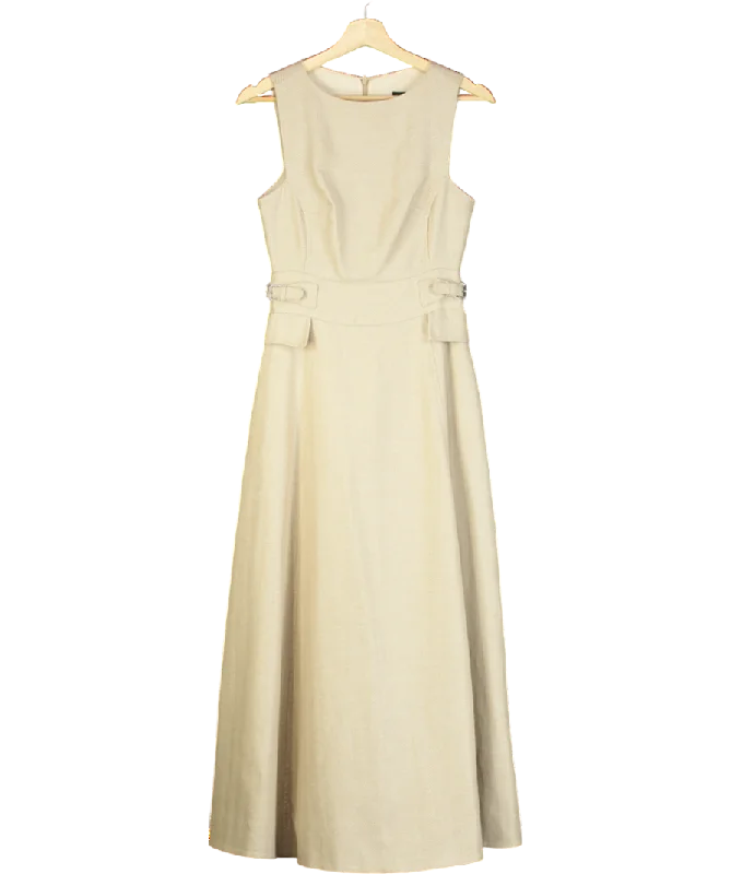 Karen Millen Beige Tab Waist Detail Full Skirt Tailored Midi Dress UK 6