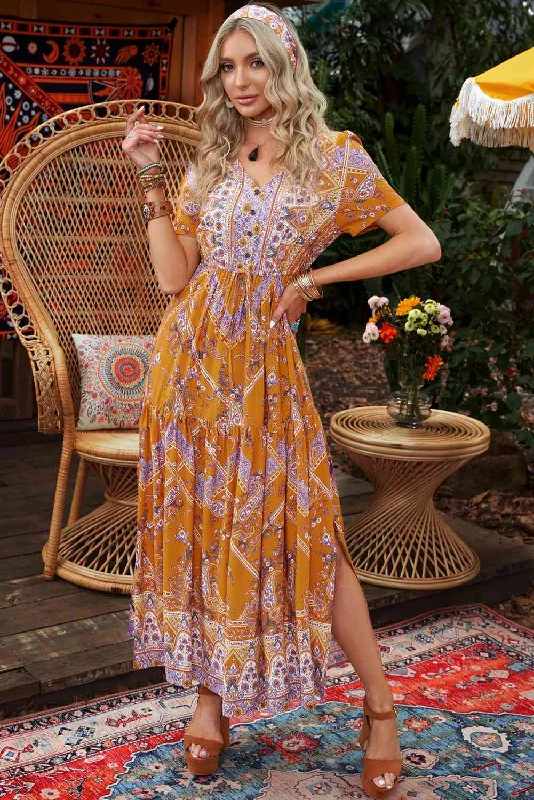 Bohemian Side Slit V-Neck Maxi Dress