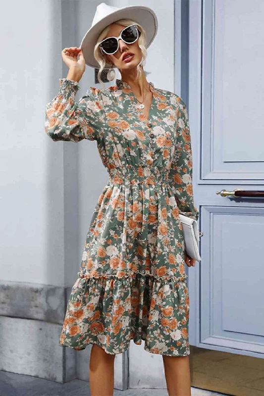 Floral Smocked Decorative Button Dress