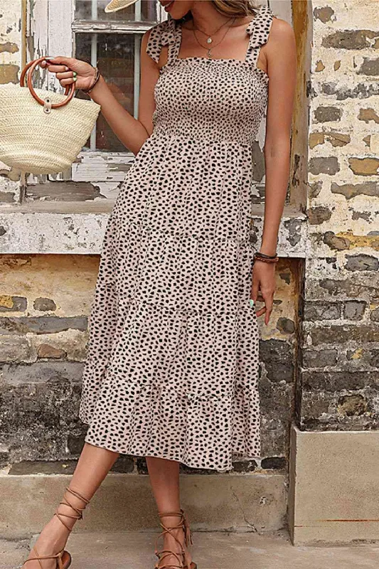 Leopard Print Smocked Tie Shoulder Dress