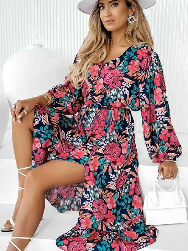 Printed Long Sleeve Slit Dress