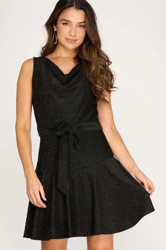 She And Sky Sleeveless Black Cowl Neck Lurex Flare Dress With Sash