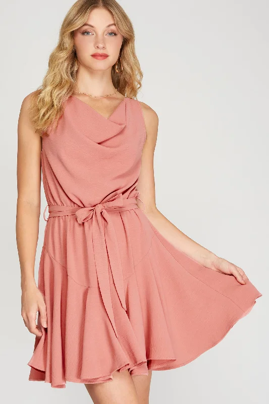 She And Sky Sleeveless Cowl Neck Flounce Woven Dress With Sash In Dusty Rose